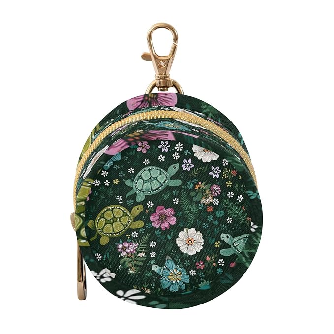 Pacifier Holder with Clip Pacifier Case for Diaper Bag Round Baby Pacifier Pouch Box Bag Portable Dark Green Turtles and Cute Flowers