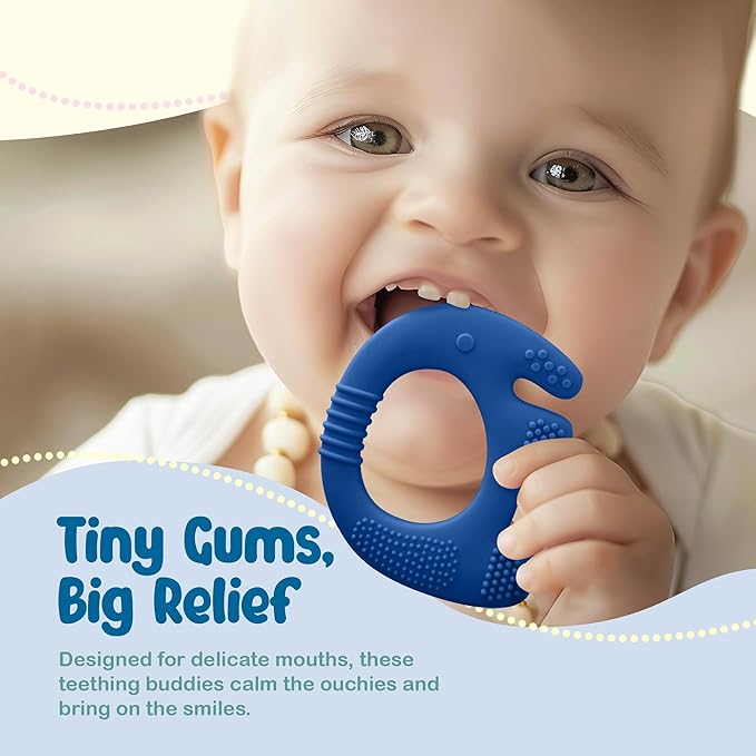 Silicone Baby Teething Toys, Soft Teether Set for Sore Gums, BPA Free Chew Toys for Infants 3+ Months, Textured Teething Relief, Easy Grip Design (Dark Blue)