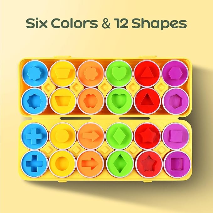 CPSYUB Matching Egg Toy 12 PCS for Toddlers Ages 1-3 Kids, Easter Eggs Shape & Color Recognition with Carton, Montessori Sensory Sorter Toddler Toys for Travel Play, Gifts for Year Old Baby (Yellow)