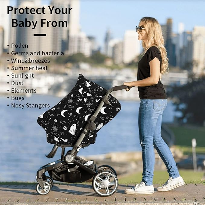 Gothic Halloween Baby Car Seat Covers Goth Baby Stuff Multi-use Carseat Canopy for Boys and Girls Stretchy Infant Carseat Cover Shower Gifts