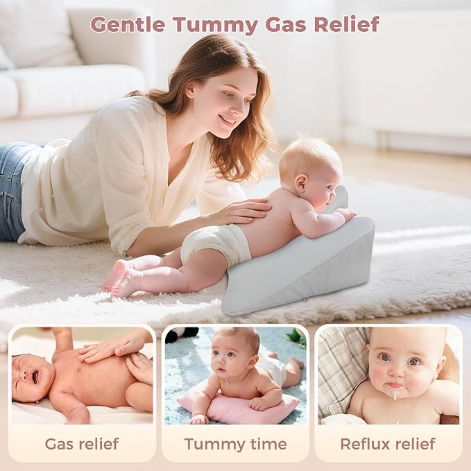 EKEPE 2026 Upgraded Nursing Reflux Prop with Leather Cover for Baby Gas, Colic Relief & Burp, Memory Foam Tummy Time Prop for Infant 0-12 Months Feeding, Neck, Shoulder and Body Support - Grey
