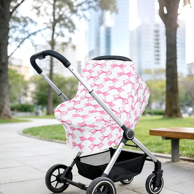 Baby Car Seat Cover Girls, Infant Carseat Canopy, Stretchy Multi- use Nursing Cover for Stroller/High Chair/Shopping Cart/Car Seat Canopies (Pink Bow)