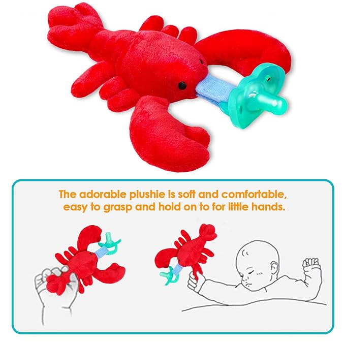 NiBaby Pacifier with Infant Plush Pacifier Holder, BPA Free Silicone Teether Soothie Snuggle Pacifier with Detachable Soft Hand-Hold Stuffed Animal for 0+ Months Newborn Baby All Ages (Lobster)