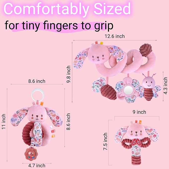 Baby Spiral Car Seat Toys for Babies 0-6 Months Girl, Stroller Hanging Stuffed Animal Carseat Crinkle Rabbit Toy 0-3-4-5-7-8-9-12 Month, Newborn Infant Gifts Easter Basket Stuffers Bunny 3PCS