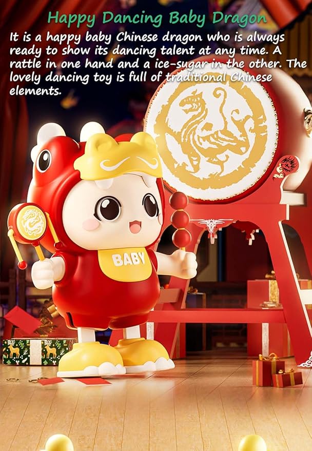 Miracland Dancing Dragon Toy, Traditional Chinese Dragon Musical Toy Baby Crawling Toy Baby Head-up Exercise Toy Baby Dragon Tummy Time Toy with Music & Lights| Legs Move Sideways| Body Twist