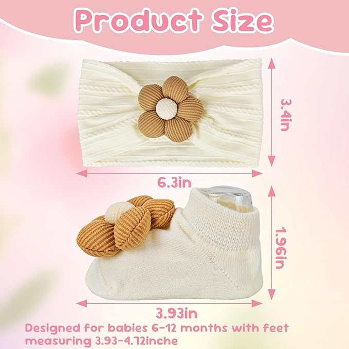 Nirvany Baby Girl Headbands and Socks Set, Non-Slip Socks with Flower Hairbands, Comfortable Newborn Infant Toddler Accessories (Pink/Cream Yellow, 6-12 months)