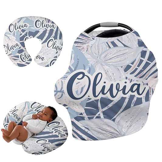 Personalised Car Seat Cover for Girls and Boys - 7 in 1 Multipurpose Breast Feeding Cover, Nursing Cover, Grocery Cart Cover - Birthday Gift for Babies Blue Leaf Pattern