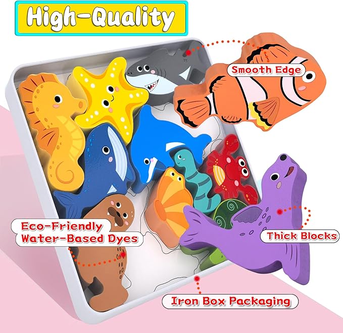 KECIABO Wooden Animal Puzzles Toys for Toddlers,12 Pcs Sea Animals Figures,Animal Matching Sorting Stacking Toy for Boys Child Girls,Educational Learning Toys Gift for Kids
