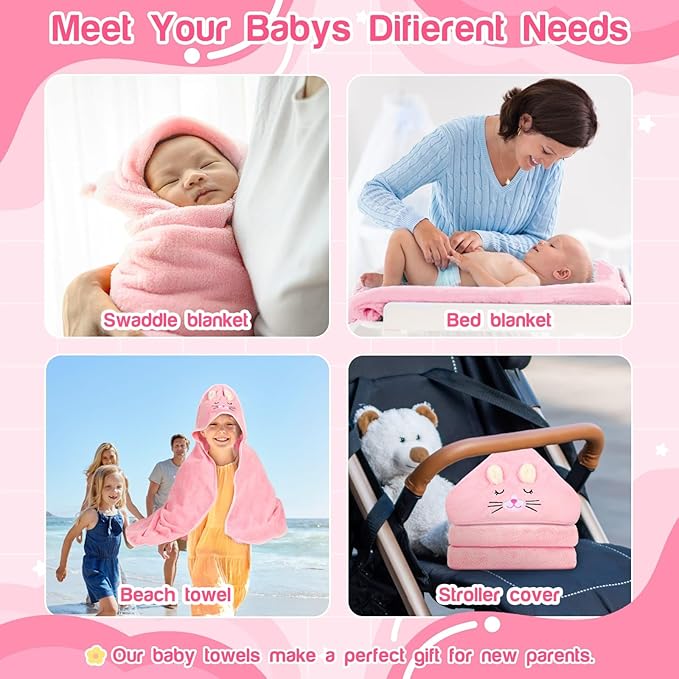 Sublaga 4 PCS Hooded Baby Towels, Absorbent Baby Bath Towel, Soft Baby Towels and 3 PCS Baby Washcloths for Newborns, Toddlers, and Kids, 32x32 in Baby Towel with Hood for Boy and Girl (Pink Kittens)
