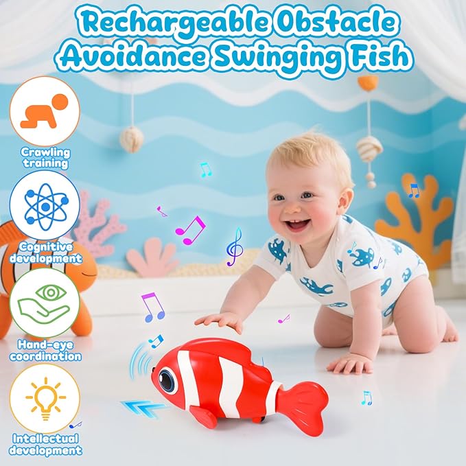 Crawling Fish Baby Toys, Novelty Tummy Time Toys for Babies 6-12 Months, Magic Swinging Fish Crawling Toys for Infant Toddler Learning Crawl Walking Dancing Easter Basket Stuffers 1st Birthday Gift