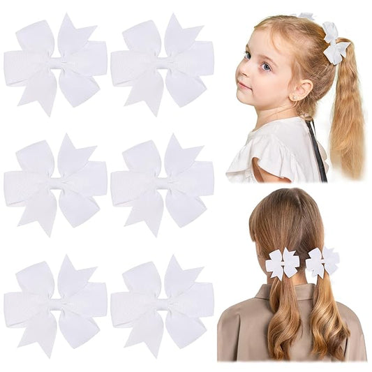 Choicbaby 3 Inches Hair Bows for Girls White Grosgrain Ribbon Pinwheel Hair Bows Clips Toddler Hair Clips for Birthday Baby Shower Gifts 6 Pack Photo Props