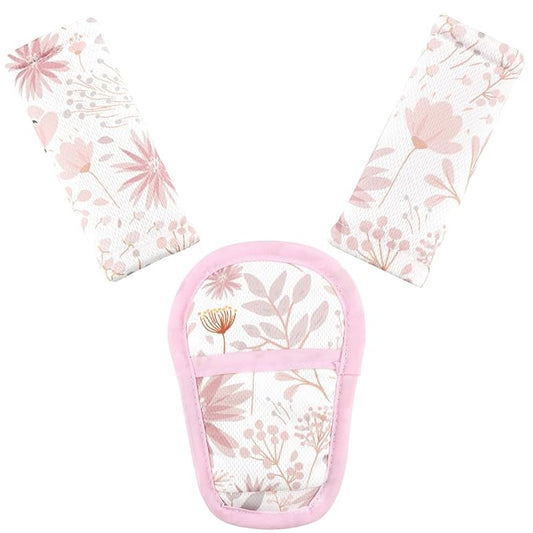 Baby Car Seat Strap Pads Suit, 3 Pieces Soft Car Seat Strap Shoulder Covers for Baby Infant Toddler, Double-Sided Car Seat Belt Covers for Stroller, Pushchair, Baby Swing, Pink Floral