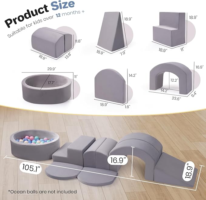 Rinnebbit 9-Piece Foam Climbing Blocks for Toddlers, Baby Climb and Crawl Soft Play Set with Ball Pit, Machine Washable Cover, Indoor Activity Play Structure, Climbing Toys for Toddlers 1-3 (Gray)