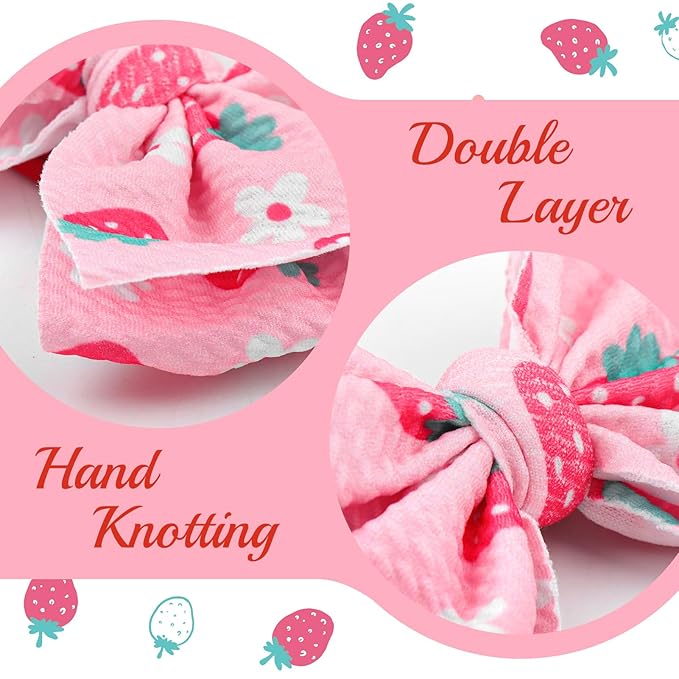 3 Pcs Baby Girl Headbands 4.5’’ Pink Bows Strawberry Hair Accessories Summer Outfits for Newborn Infant Toddler Girls Clothes