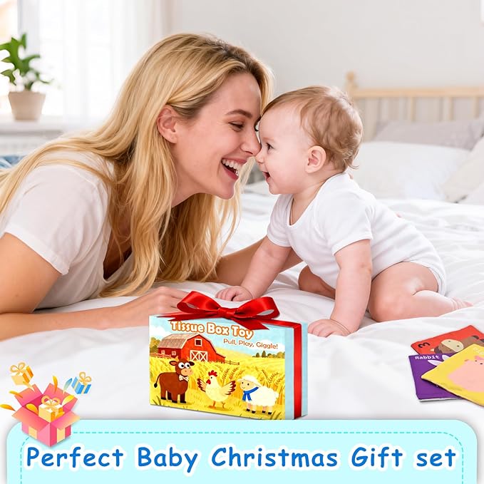 weirtoya Baby Tissue Box Toy-Montessori Sensory Activity Center for 6-18 Months,Farm Animals, Squeaky Sounds, Safety Mirror Play Silks, Top Choice for Baby Registry, Easter Baskets & Birthday Gifts