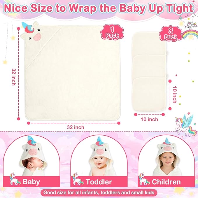 Flasoo 4 PCS Baby Towels Set, Soft Absorbent Baby Hooded Bath Towel, 1 Baby Towel and 3 Baby Washcloths for Newborns, Toddlers, and Kids, 32x32 inch Baby Towel for Boy and Girl (White Unicorn)