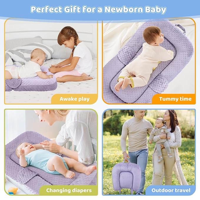 Baby Lounger for Newborn,0-12 months,Foldable Soft Infant Lounger pillow for Home and Travel, Baby Nest Lounger with cover,Multi-Use Portable baby lounger for Supervised Play&Tummy Time, Purple