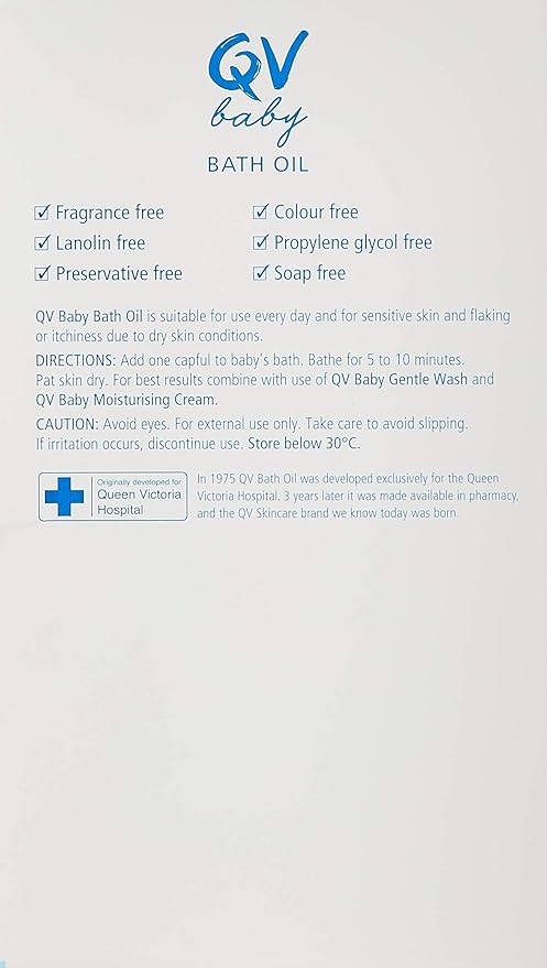 QV Baby Bath Oil 250ml -Moisturising Formula Helps Revive Large Areas of Dry or Sensitive Skin. Suitable for use on Dry Skin, Eczema, Dermatitis and Psoriasis.