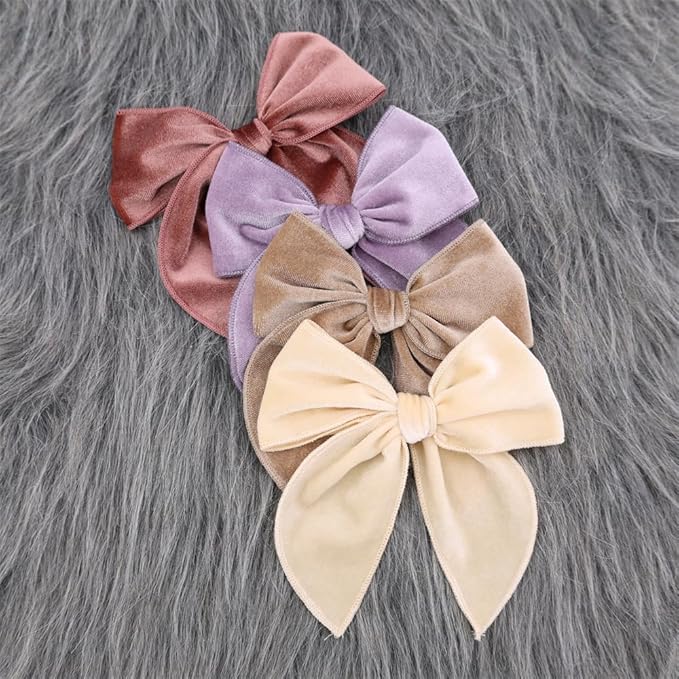 Pack of 4 Large Velvet Fable Bow Hair Clips for Kids Toddler Girl Mom Velvet Hair Bow Alligator Clips Baby Girls Women Hair Accessories (Cream/Mauve)