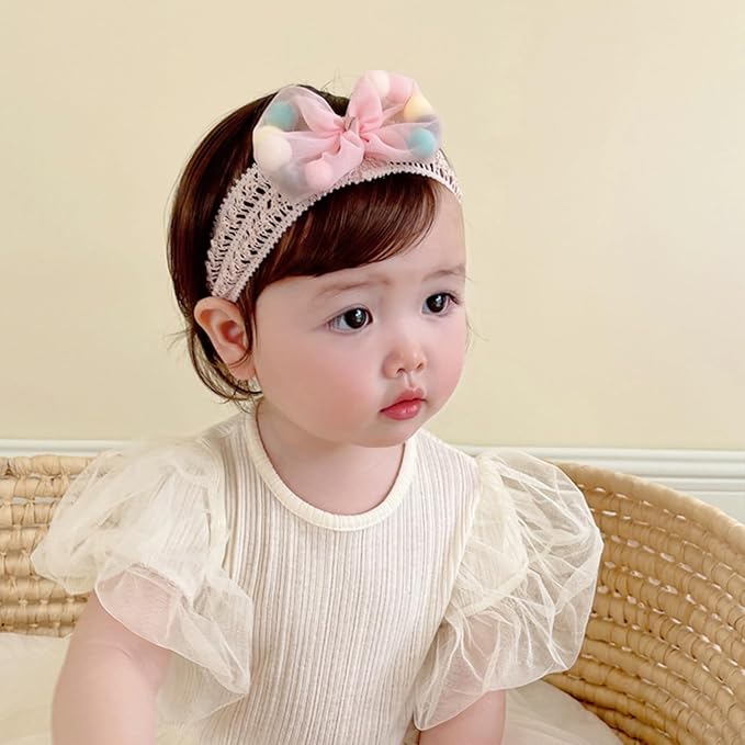 Baby Girls Hairbands Bow Lace Headband Handmade Soft Stretchy Pink Bowknot Hairbands Newborn Hairband with Bows Elastic Hair Bands for Kids Infant(Pink Ball Bow