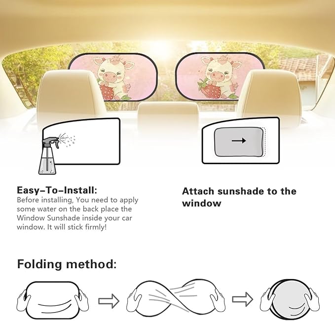 Bulopur Strawberry Cow 2 PCS Car Shades Back Windows Baby Easy to Install Car Window Shade Baby Car Seat Sun Protection Cute Design Universal Fit Mesh Car Window Shades