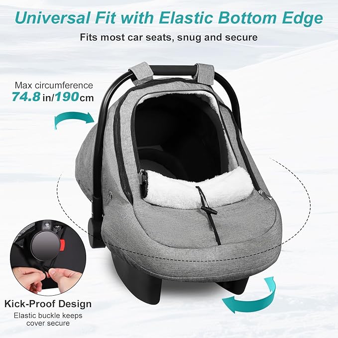 Winter Car Seat Cover for Baby, Waterproof Infant Carseat Cover with Warm Plush Lining & Dual Zippers, Universal Carseat Cover Baby Winter Protector with Ventilation and Windproof Design (Gray)