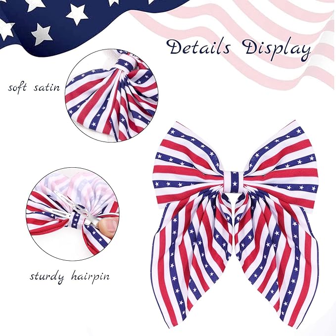 4th of July Hair Bows for Girls, Large Patriotic Fable Bow Handmade American Flag Hair Clips Independence Day Hair Accessories for Little Girls Toddlers Kids (Pattern A)