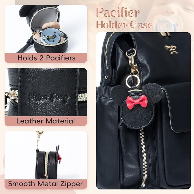 miss fong Pacifier Holder Case with Clip, Pacifier Pouch Cover, Pacifier Charm Pod with Clasp Attach to The Strollers & Diaper Bags, Hold 2 Pacifier or Nipple Shield(Bow Black)