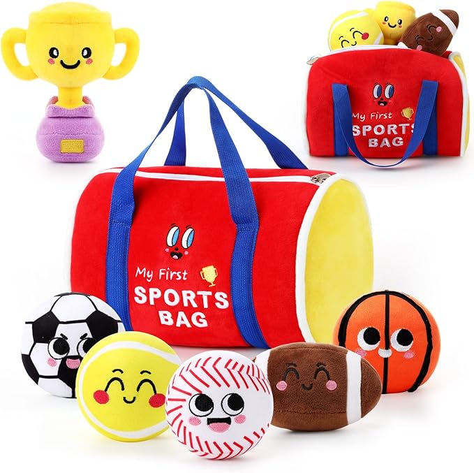 HyDren 7 Pcs My First Sports Bag Plush Toys Playset, Bulit-in Bell Sports Balls and Trophy for Kids Throwing Toys Gift for Boys Girls Early Education