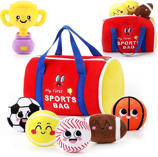 HyDren 7 Pcs My First Sports Bag Plush Toys Playset, Bulit-in Bell Sports Balls and Trophy for Kids Throwing Toys Gift for Boys Girls Early Education