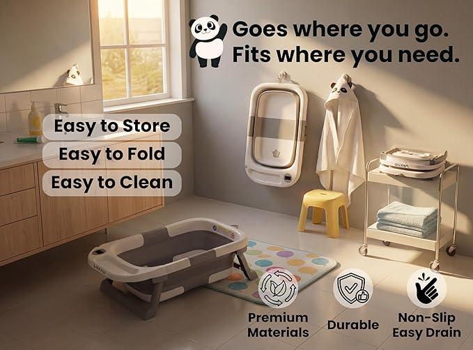 6-in-1 Collapsible Baby Bathtub Set with Thermometer, Foldable Infant Tub for Newborn to Toddler, Portable Bath Set with Cushion, Rinse Cup, Cap, Towel & Mitt, All-in-One Baby Bath Essentials