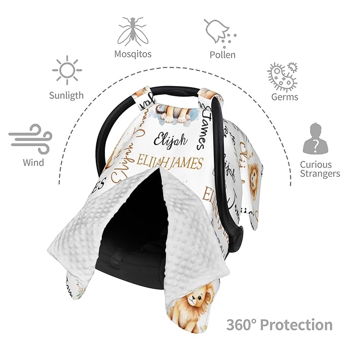 Personalized Baby Car Seat Canopy Minky Lion Baby Blanket Custom Name Baby Car Seat Cover Girls Boys Infant Newborn Carseat Canopy Nursing Cover for Stroller Car Seat Canopies