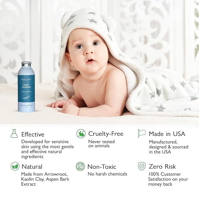 SoCal Suds & Company - Natural Baby Powder Talc-Free - Newborn Essentials with Arrowroot Powder, Kaolin, Aspen Bark Extract for Soft Soothing Protected Skin - Gentle Absorption - Fragrance Free, 4oz