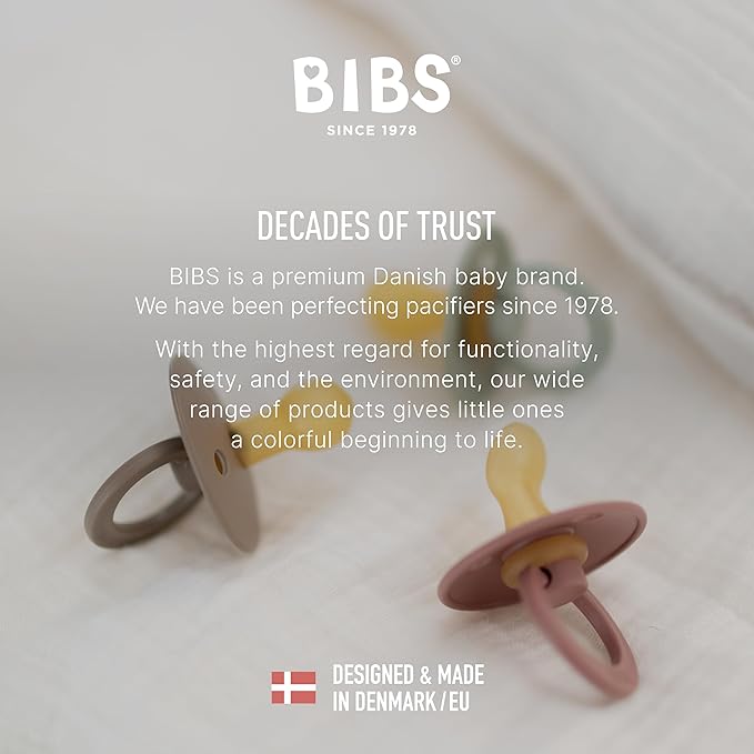 BIBS Pacifiers - Colour 4-Pack | BPA Free Baby Pacifier | Round Nipple Binkies | Natural Rubber Latex Soother | Made in Denmark | Size 6-18 Months | Blush Mix