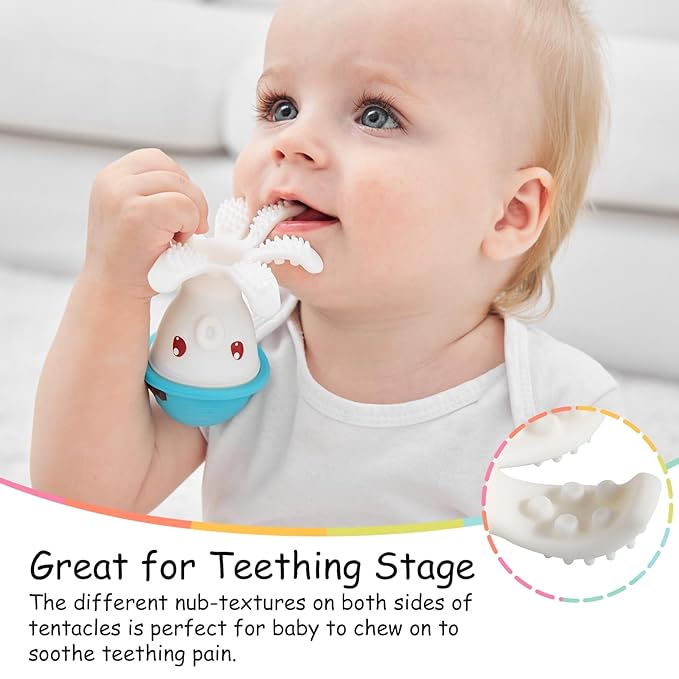 Teething Toys 3-6 Months, Mombella Octopus Teethers for Babies 6-12 Months, Soft Silicone Baby Teething Toys 12-18 Month Old, Baby Chew Toys, Squeaky Infant Teether Toys, Easy to Hold, Blue
