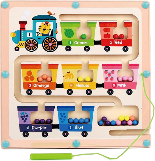 QimuMku Montessori Busy Board for Toddlers 2-4 Magnetic Color & Number Maze Wooden Fruit Train Matching Game Counting Learning Toys for Boys Girls Road Trip Essentials