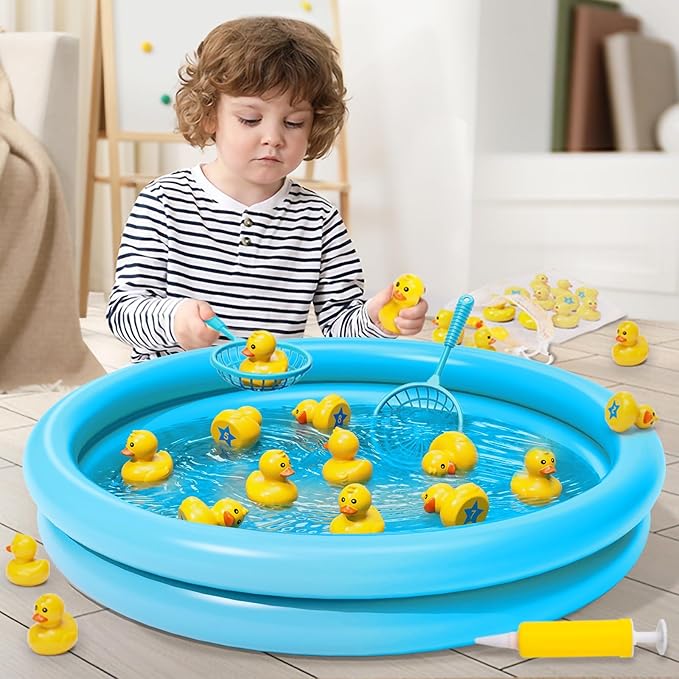 Duck Pond Matching Game Toys for Kids - 20 Plastic Ducks with Numbers,25" x 5" Kiddie Pool | Storage Bag, 2 Nets-Fun Memory Games - Water Outdoor Game for Children,Preschooler, Birthday Party Carnival