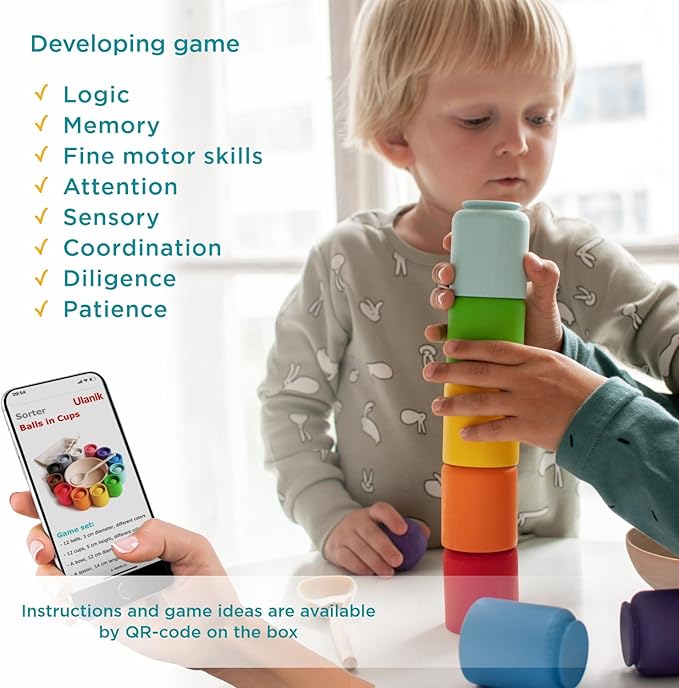 Ulanik Large Balls in Cups Toddler Montessori Toys for 1 Year Old + Kids, Preschool Wooden Matching Games for Learning Color Sorting and Counting - 12 Balls