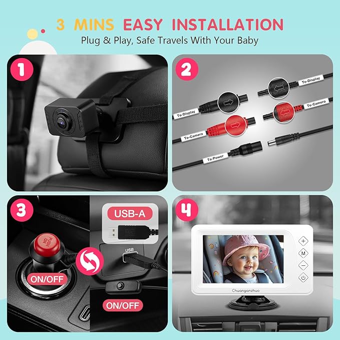S100P Baby Car Camera with Ultra Night Vision, 5'' HD 1080P IPS Baby Car Monitor with 3X Zoom, Backseat/Carseat/Rear Seat Camera USB, Easy No-Damage Install, Safety for Infants and Pets (5 inch White)
