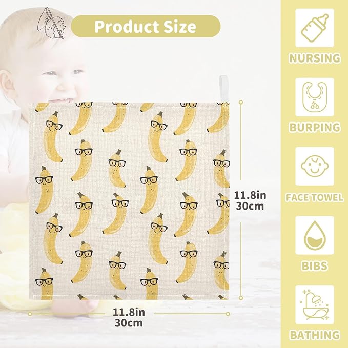 Newborn Face Towel Banana Soft Cotton Baby Washcloths 11.8 x 11.8 Inch Infants Girls Boys Muslin Burp Cloths 5 Pack