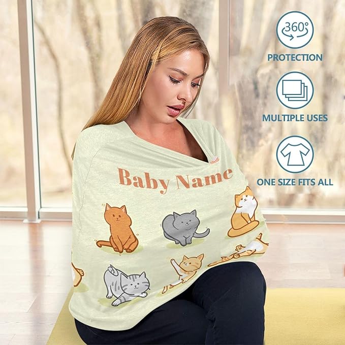 Personalized Baby Car Seat Cover for Babies, Custom Name Baby Car Seats Canopy for Girls Boys, Funny Cat Nursing Breastfeeding Stroller Covers for Infant Newborn, Shower Gift for Baby