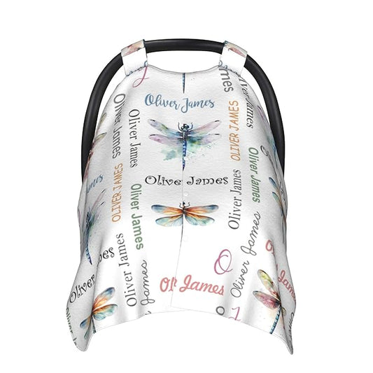 Personalized Baby Car Seat Canopy with Name Custom Minky Dragonfly Car Seat Covers Nursing Cover for Breastfeeding Multi-Use Cover Infant Carrier Carseat Winter Cover for Newborn Girls Boys