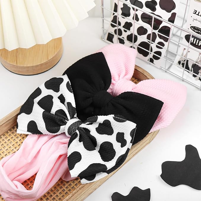 Moo Cow Print 6’’ Hair Bows for Girls Cowgirl Accessories Newborn Infant Toddler Baby Girl Headbands Black & Pink Bow Baby Wrap