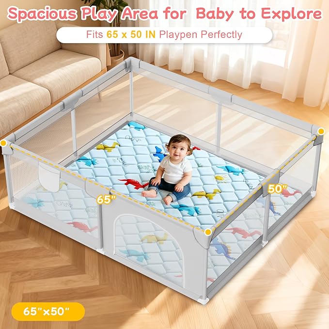 omzer Baby Play Mat for Floor: 65" x 50" Playpen Mat - Thicker & Large Soft Cushioning Padding Foam Playmats for Babies and Toddlers - Machine Washable Non-Slip Baby Crawling Mat, Dinosaur Designs