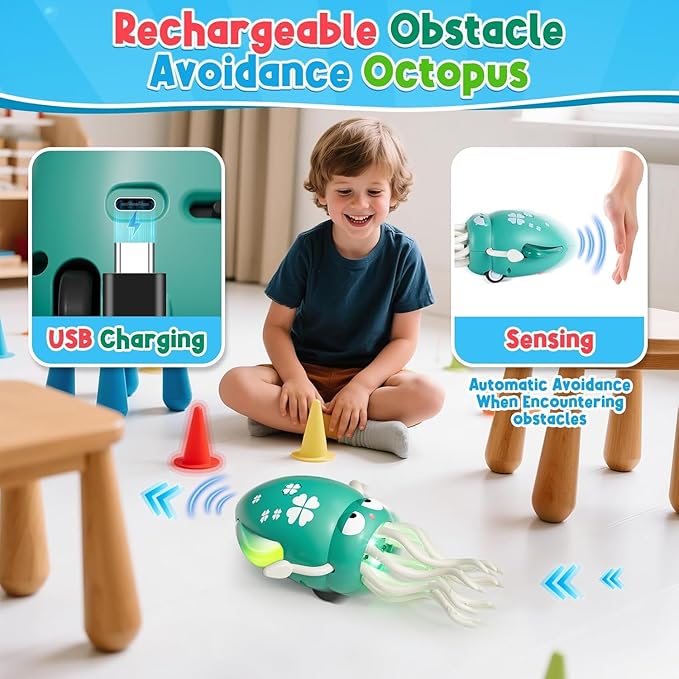 Electric Dancing Octopus Toy, Crawling Dancing Automatic Obstacle Avoidance Octopus Sensor Toy, Creative Magic Crazy 8-Leg Action Obstacle with LED Lights & Music, Self-Navigating (Green)