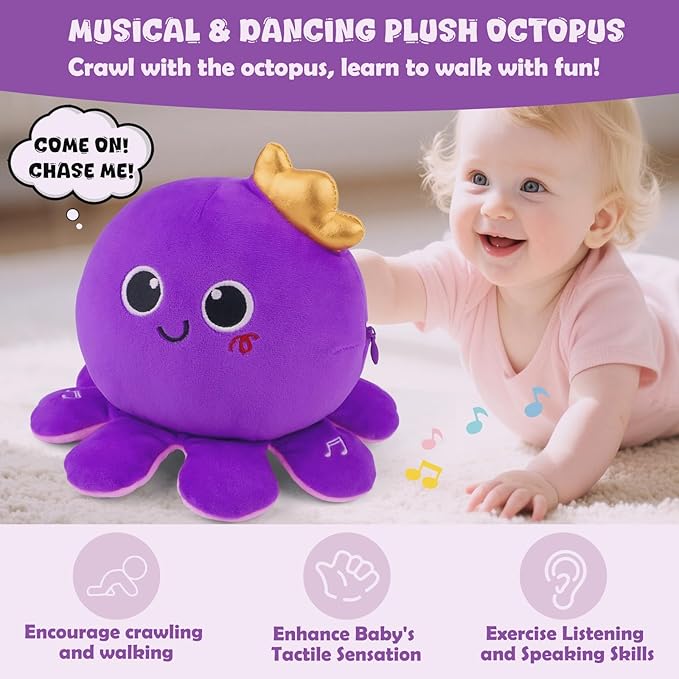 Octopus Baby Crawling Musical Interactive Toys with 97 Melodies, Talking Repeat Function Language Learning for Newborn Infant, Safe Plush Sensory Learning Montessori Toy for Toddlers Gift 0+ Months