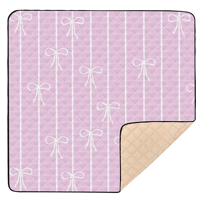 Baby Play Mat Pink White Bows and Stripes 50 x 50 Playpen Mat Baby Play Mats for Floor Play Gym Crawling Mat Non-Slip Cushioned Baby Playmat for Infants, Babies, Toddlers