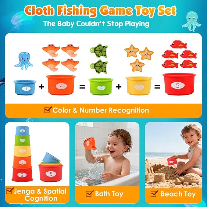 FREYBLI Montessori Toys for 1 Year Old - Cloth Toddler Fishing Game with Stacking Cups, Fishing Toy for One Year Old Boy Girl First Birthday Gifts, Sorting Learning Baby Toy 1-3 Easter Basket Stuffers