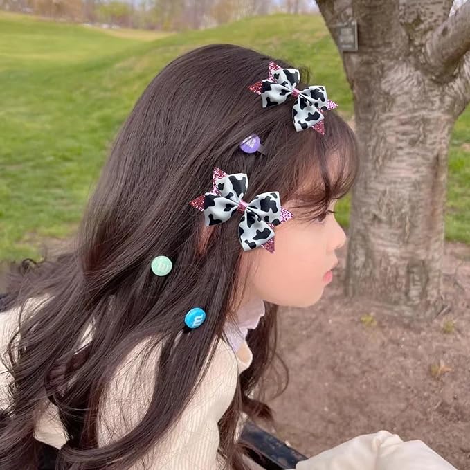 2Pcs Cow Print Hair Bow Clips for Girls,Cute Moo Cow Hair Barrettes Hand-made Grosgrain Ribbon Hair Bows Pink Cow Bow Alligator Clips Hair Accessories for Toddlers Baby Little Girls Kids Teens