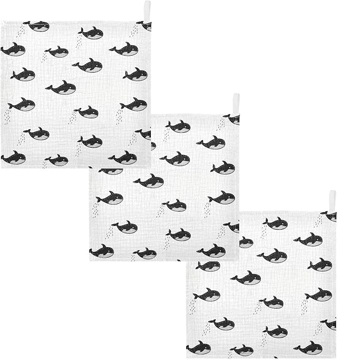 vvfelixl Baby Muslin Washcloths Little Cute Orca Baby Burp Cloths Cotton Babys Face Towel for Newborn Infants Boys Girls Soft and Absorbent 11.8 X 11.8 in, 3 Pack